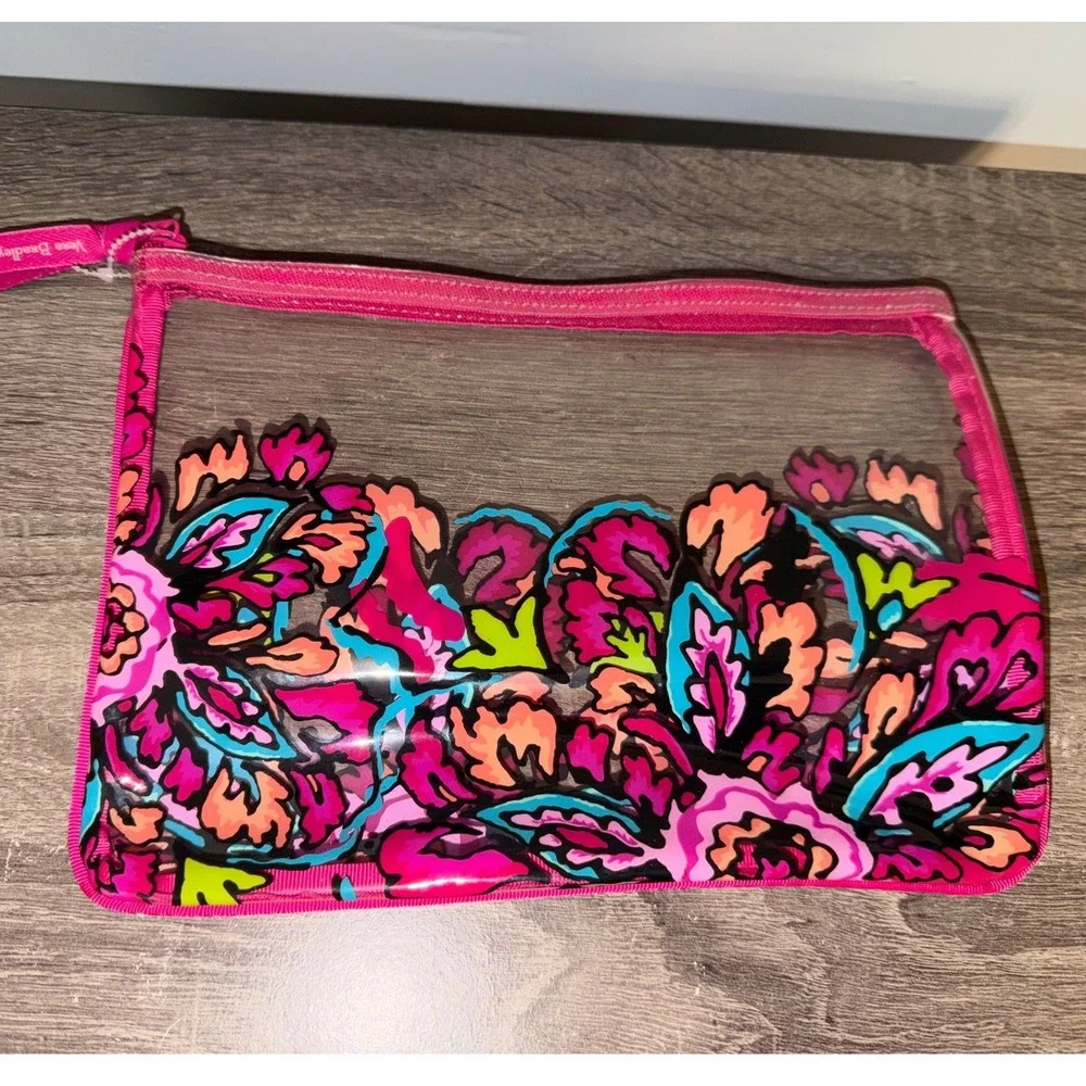 Vera Bradley Clear Floral Paisley Cosmetic Pouch Travel Makeup Bag Pink Zip